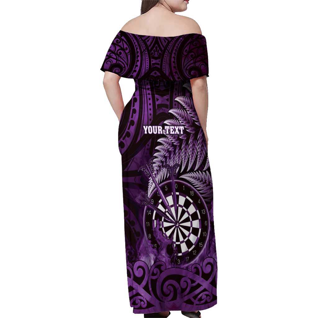 Personalised New Zealand Darts Family Matching Off Shoulder Maxi Dress and Hawaiian Shirt Maori Koru Dartboard Purple Flame