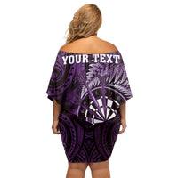 Personalised New Zealand Darts Family Matching Off Shoulder Short Dress and Hawaiian Shirt Maori Koru Dartboard Purple Flame