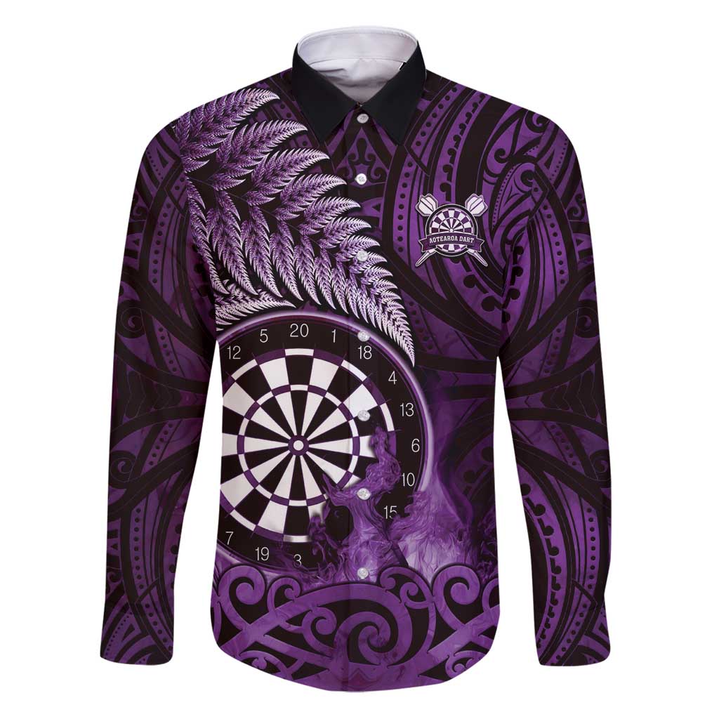 Personalised New Zealand Darts Family Matching Puletasi and Hawaiian Shirt Maori Koru Dartboard Purple Flame