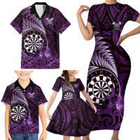Personalised New Zealand Darts Family Matching Short Sleeve Bodycon Dress and Hawaiian Shirt Maori Koru Dartboard Purple Flame