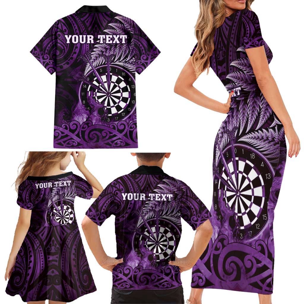 Personalised New Zealand Darts Family Matching Short Sleeve Bodycon Dress and Hawaiian Shirt Maori Koru Dartboard Purple Flame
