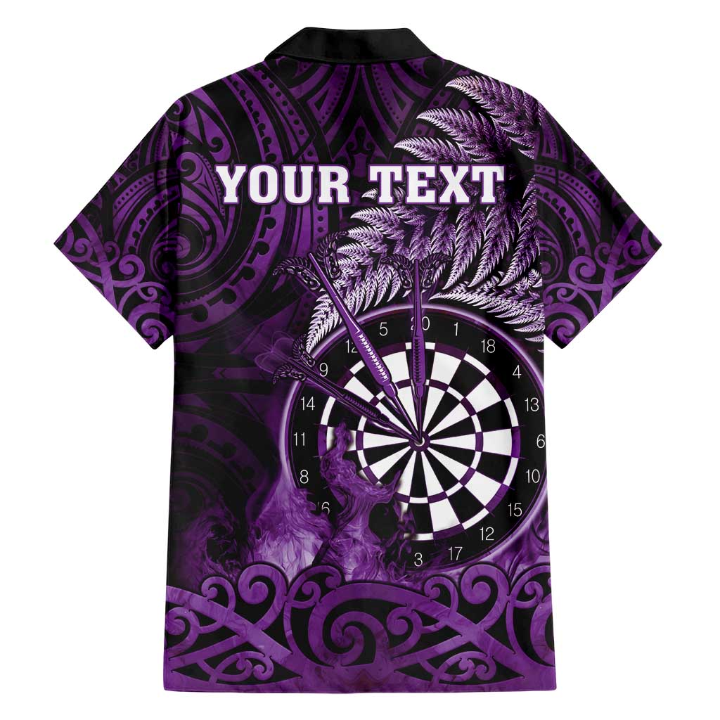 Personalised New Zealand Darts Family Matching Short Sleeve Bodycon Dress and Hawaiian Shirt Maori Koru Dartboard Purple Flame