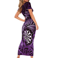 Personalised New Zealand Darts Family Matching Short Sleeve Bodycon Dress and Hawaiian Shirt Maori Koru Dartboard Purple Flame
