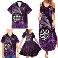 Personalised New Zealand Darts Family Matching Summer Maxi Dress and Hawaiian Shirt Maori Koru Dartboard Purple Flame