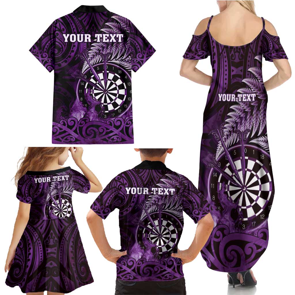 Personalised New Zealand Darts Family Matching Summer Maxi Dress and Hawaiian Shirt Maori Koru Dartboard Purple Flame