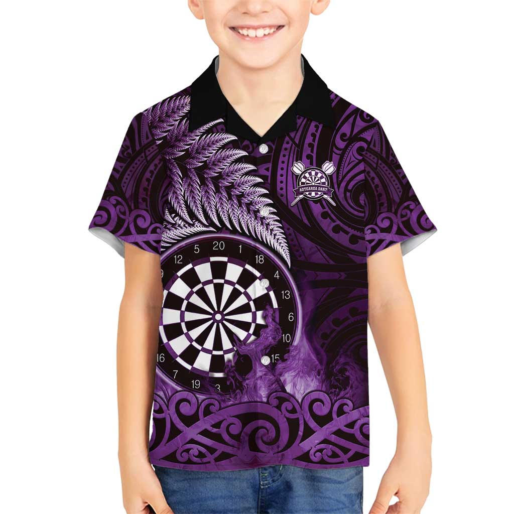 Personalised New Zealand Darts Family Matching Summer Maxi Dress and Hawaiian Shirt Maori Koru Dartboard Purple Flame