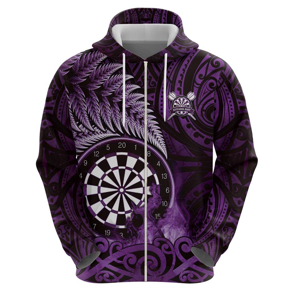 Personalised New Zealand Darts Hoodie Maori Koru Dartboard Purple Flame