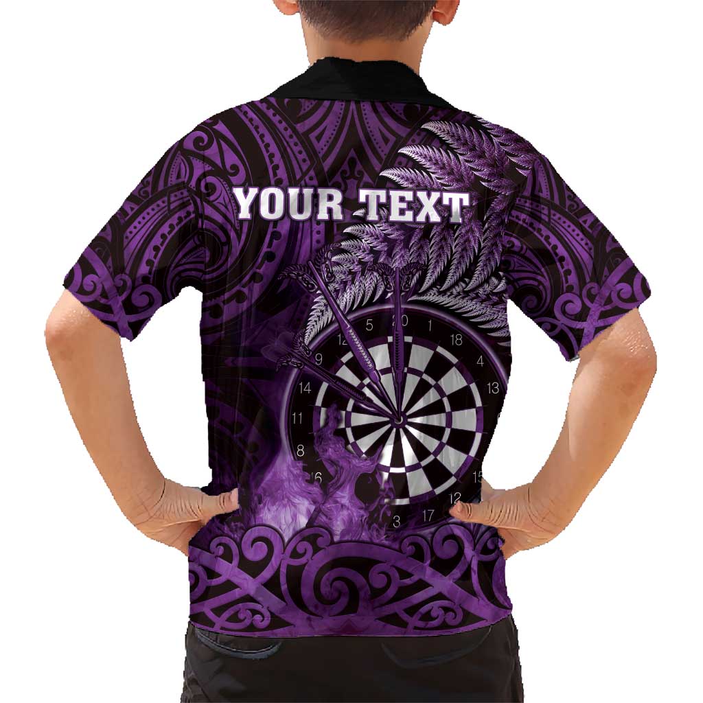 Personalised New Zealand Darts Kid Hawaiian Shirt Maori Koru Dartboard Purple Flame