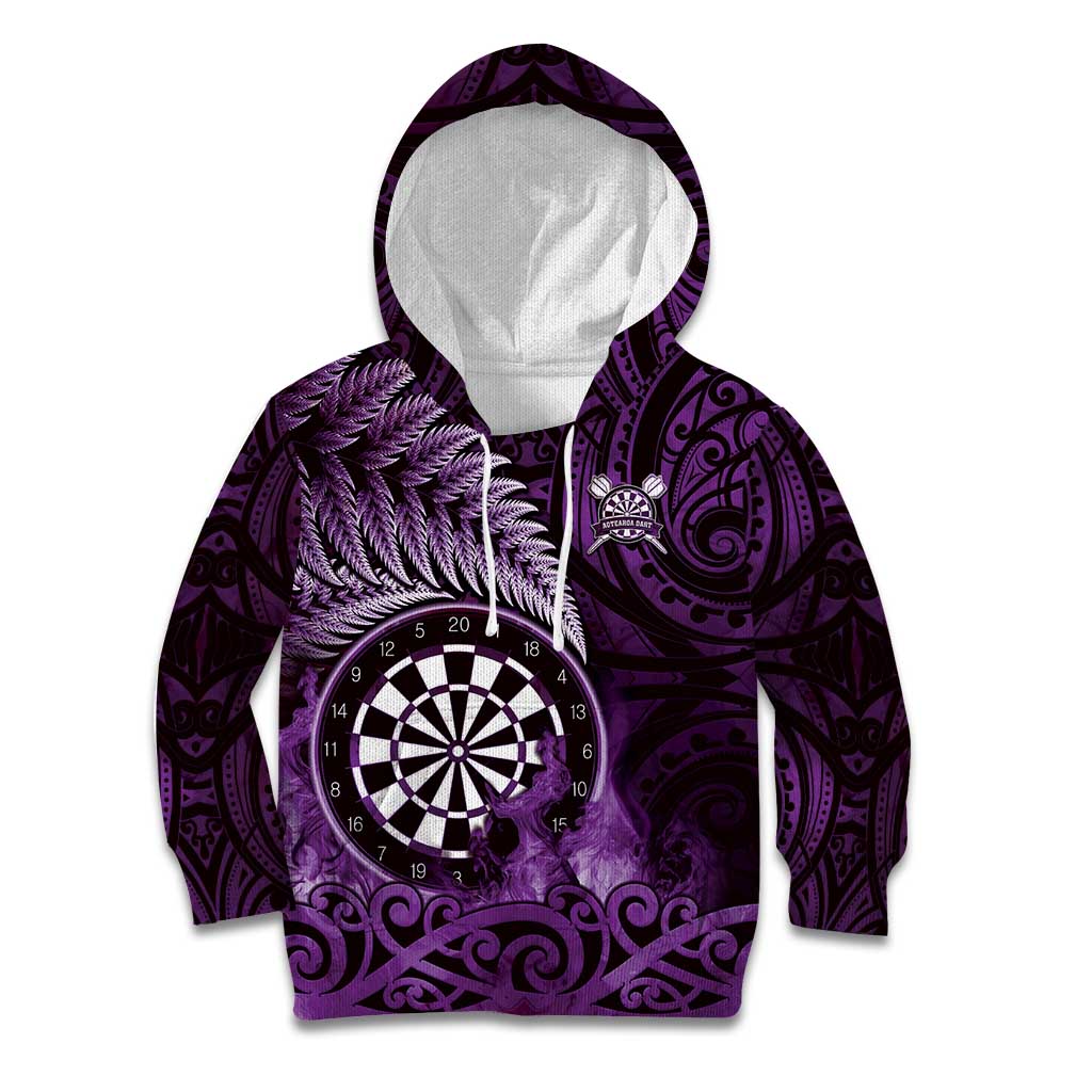 Personalised New Zealand Darts Kid Hoodie Maori Koru Dartboard Purple Flame