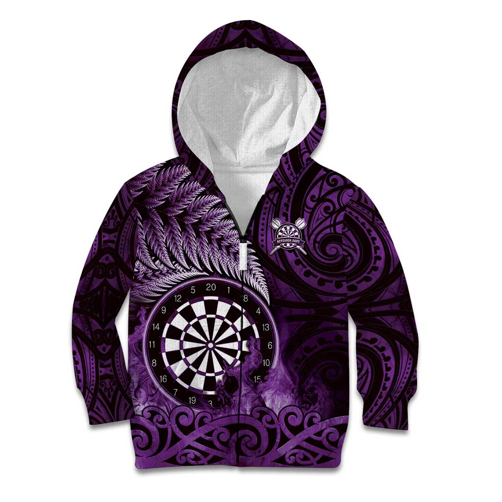 Personalised New Zealand Darts Kid Hoodie Maori Koru Dartboard Purple Flame