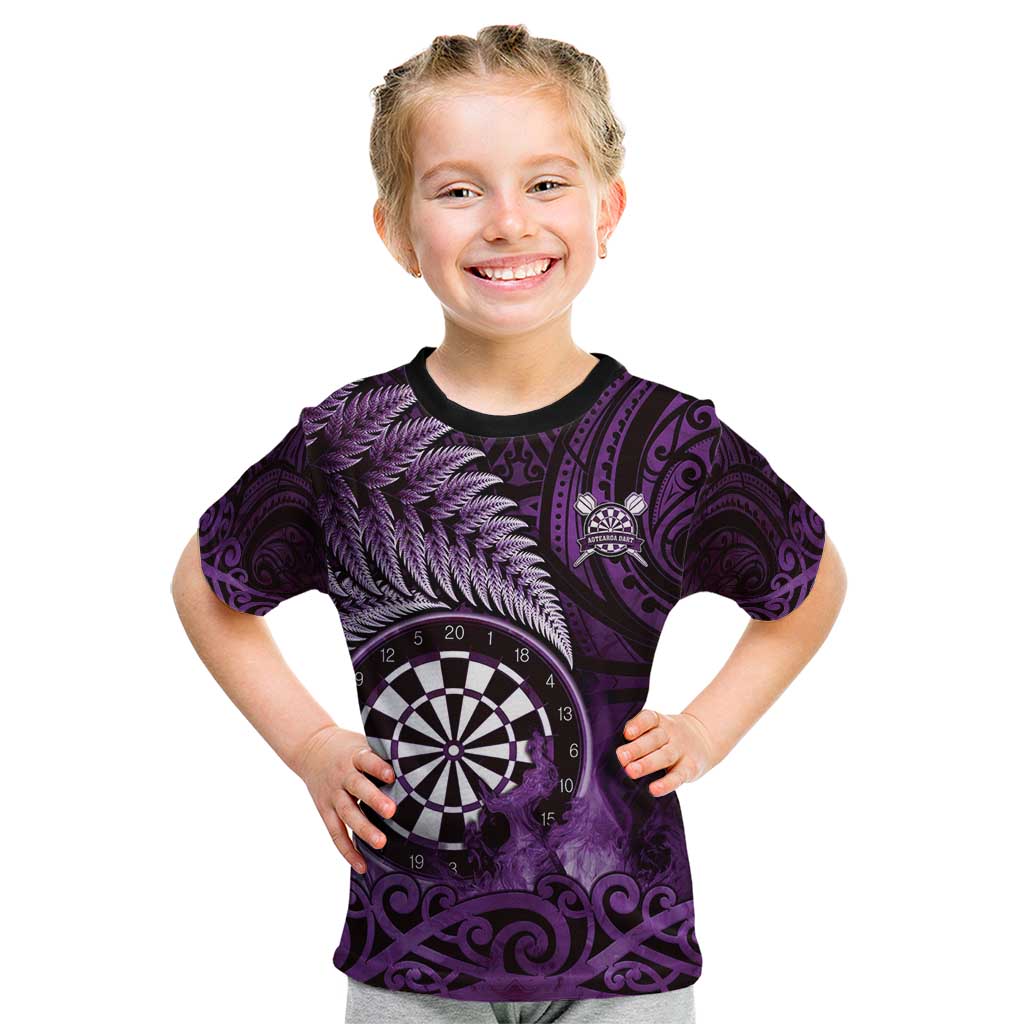 Personalised New Zealand Darts Kid T Shirt Maori Koru Dartboard Purple Flame