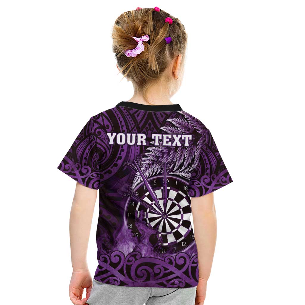 Personalised New Zealand Darts Kid T Shirt Maori Koru Dartboard Purple Flame