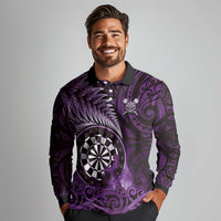 Personalised New Zealand Darts Long Sleeve Polo Shirt Maori Koru Dartboard Purple Flame