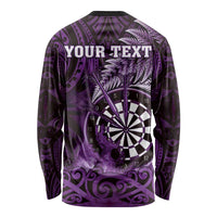 Personalised New Zealand Darts Long Sleeve Shirt Maori Koru Dartboard Purple Flame