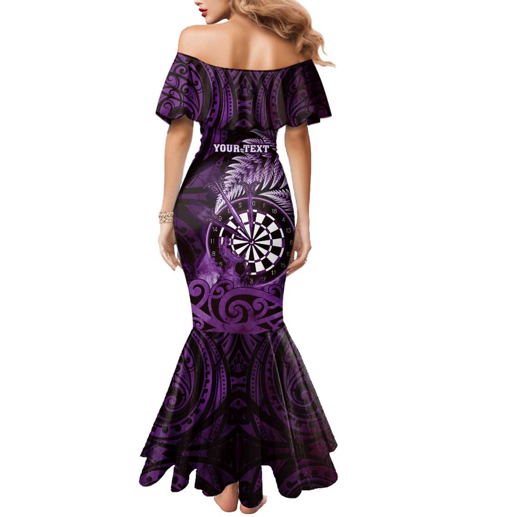 Personalised New Zealand Darts Mermaid Dress Maori Koru Dartboard Purple Flame