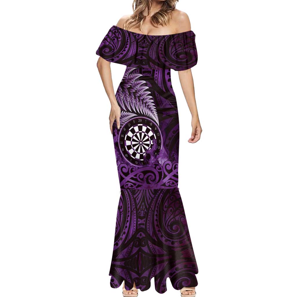Personalised New Zealand Darts Mermaid Dress Maori Koru Dartboard Purple Flame