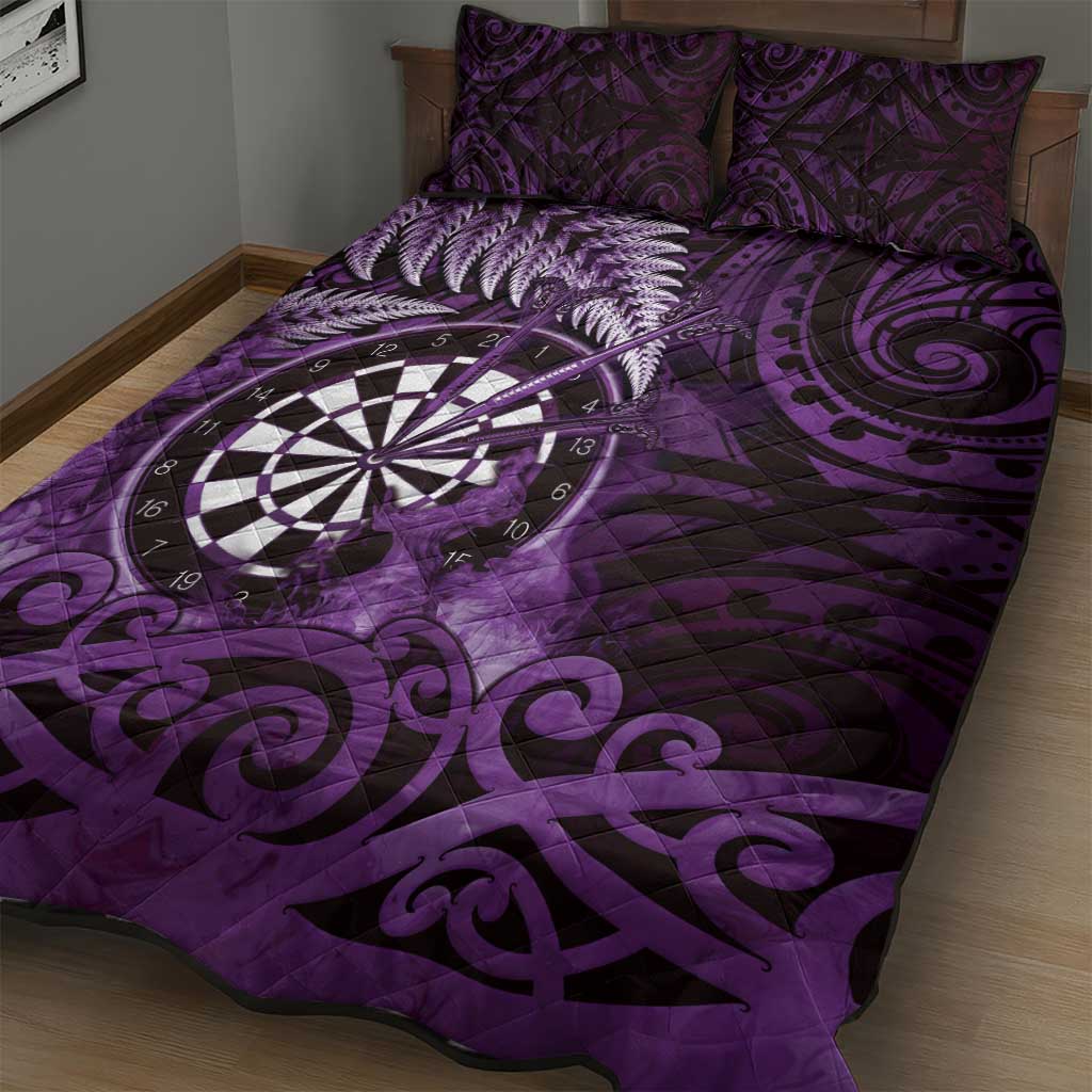 New Zealand Darts Quilt Bed Set Maori Koru Dartboard Purple Flame
