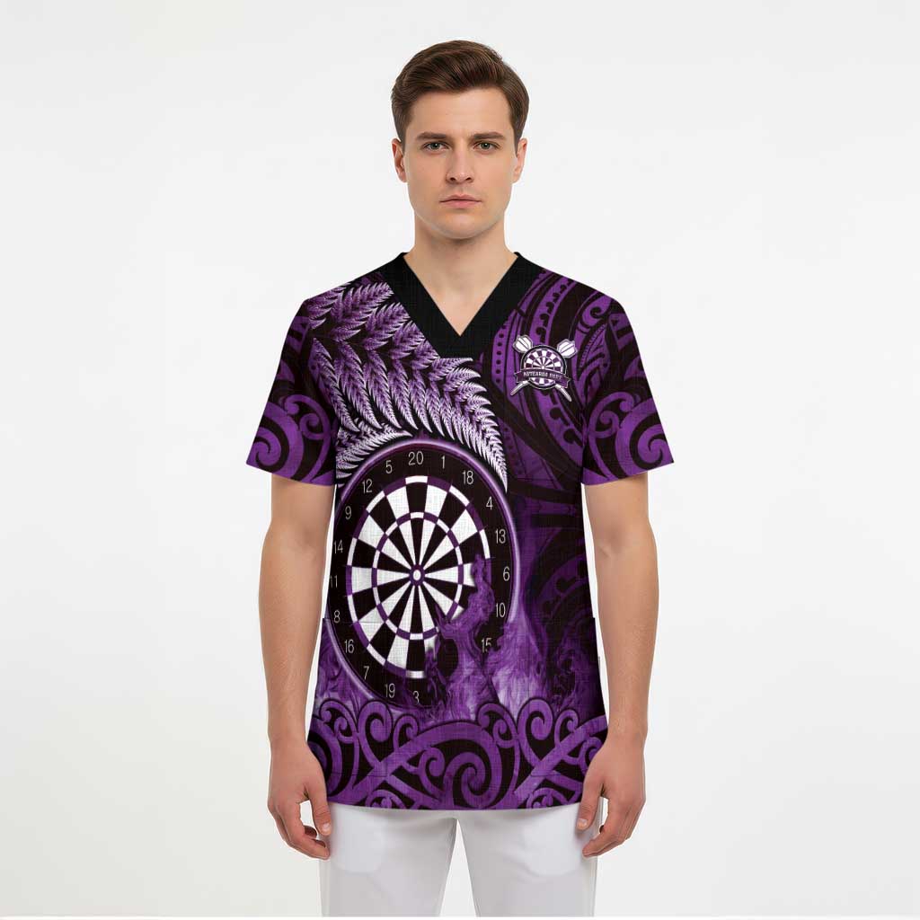 Personalised New Zealand Darts Scrub Top Maori Koru Dartboard Purple Flame - Polynesian Pride
