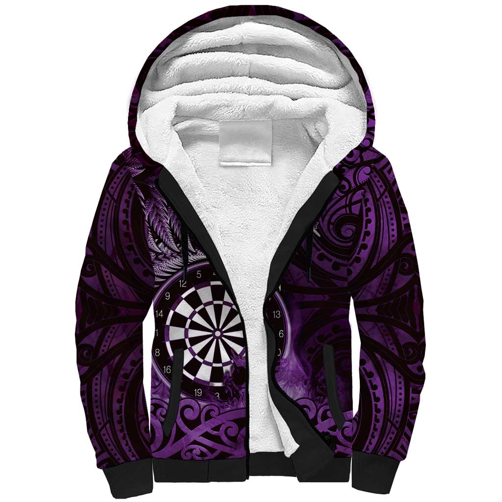 Personalised New Zealand Darts Sherpa Hoodie Maori Koru Dartboard Purple Flame