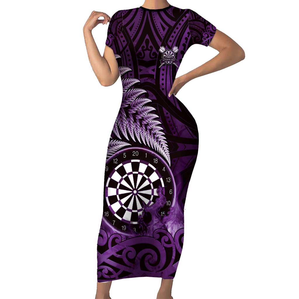 Personalised New Zealand Darts Short Sleeve Bodycon Dress Maori Koru Dartboard Purple Flame