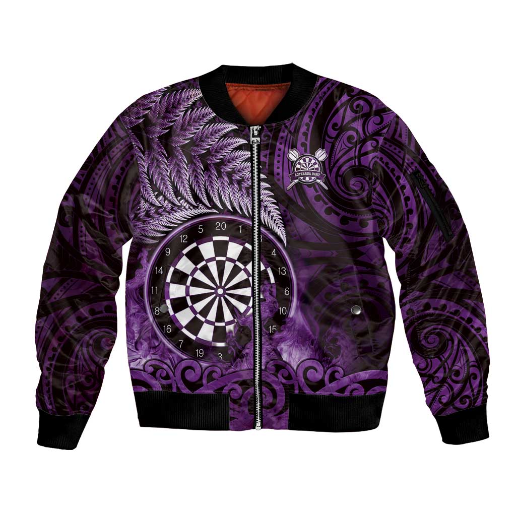 Personalised New Zealand Darts Sleeve Zip Bomber Jacket Maori Koru Dartboard Purple Flame