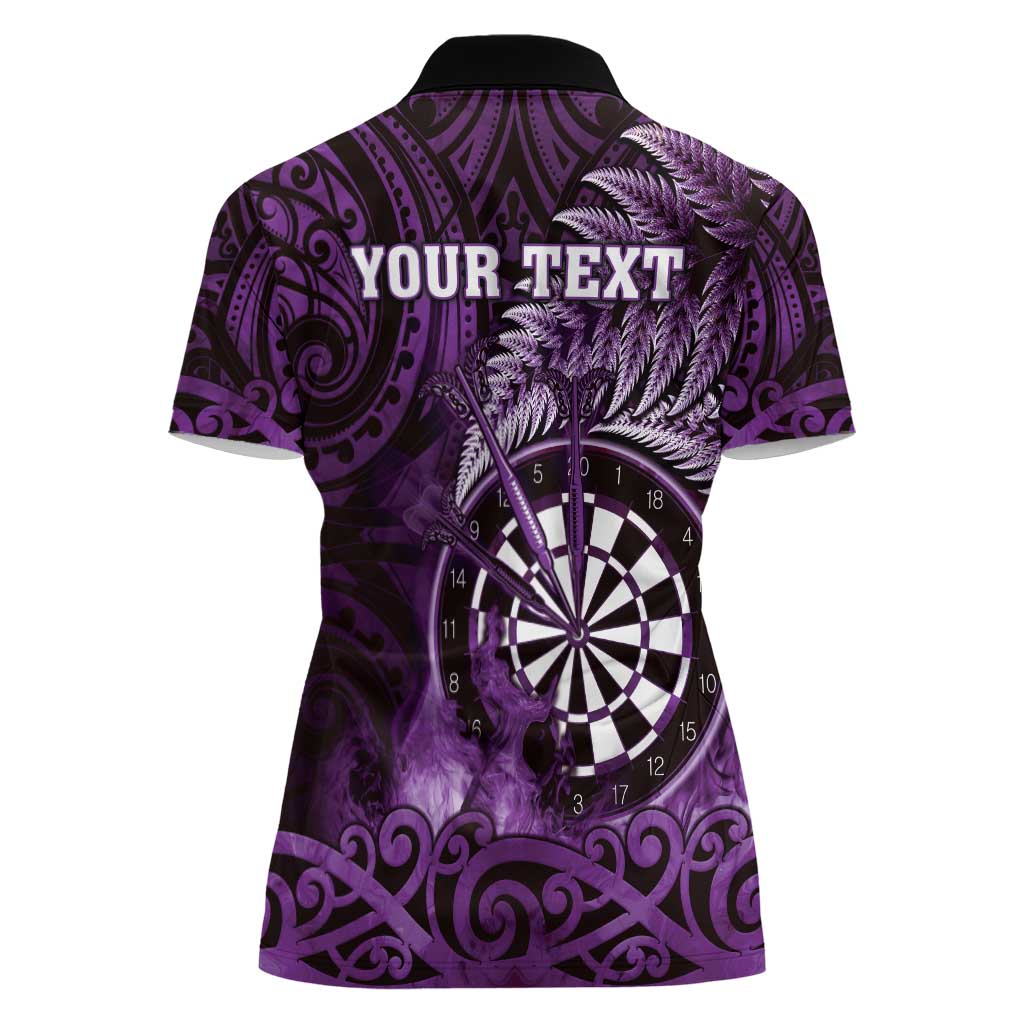 Personalised New Zealand Darts Women Polo Shirt Maori Koru Dartboard Purple Flame