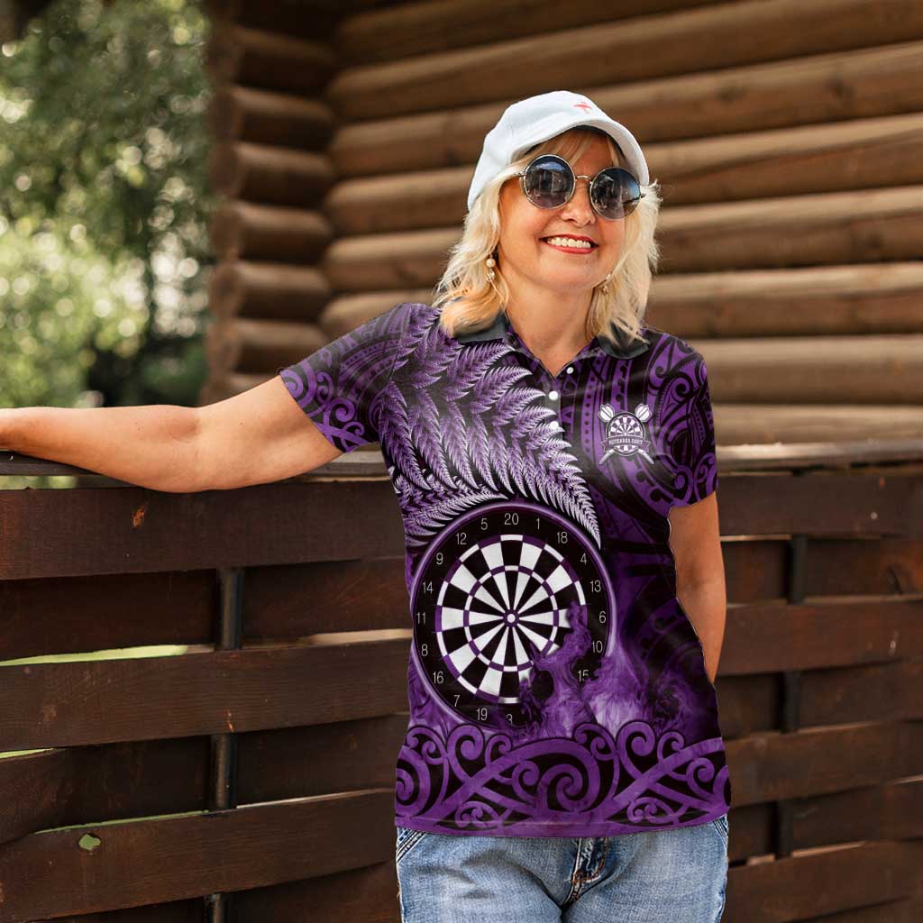 Personalised New Zealand Darts Women Polo Shirt Maori Koru Dartboard Purple Flame