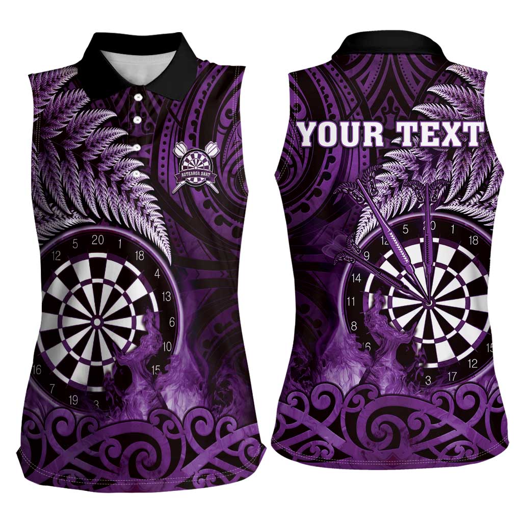 Personalised New Zealand Darts Women Sleeveless Polo Shirt Maori Koru Dartboard Purple Flame