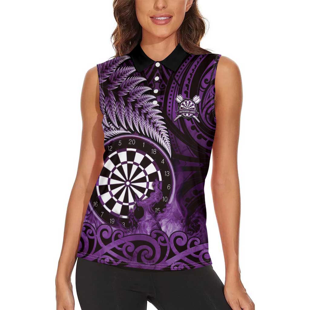 Personalised New Zealand Darts Women Sleeveless Polo Shirt Maori Koru Dartboard Purple Flame