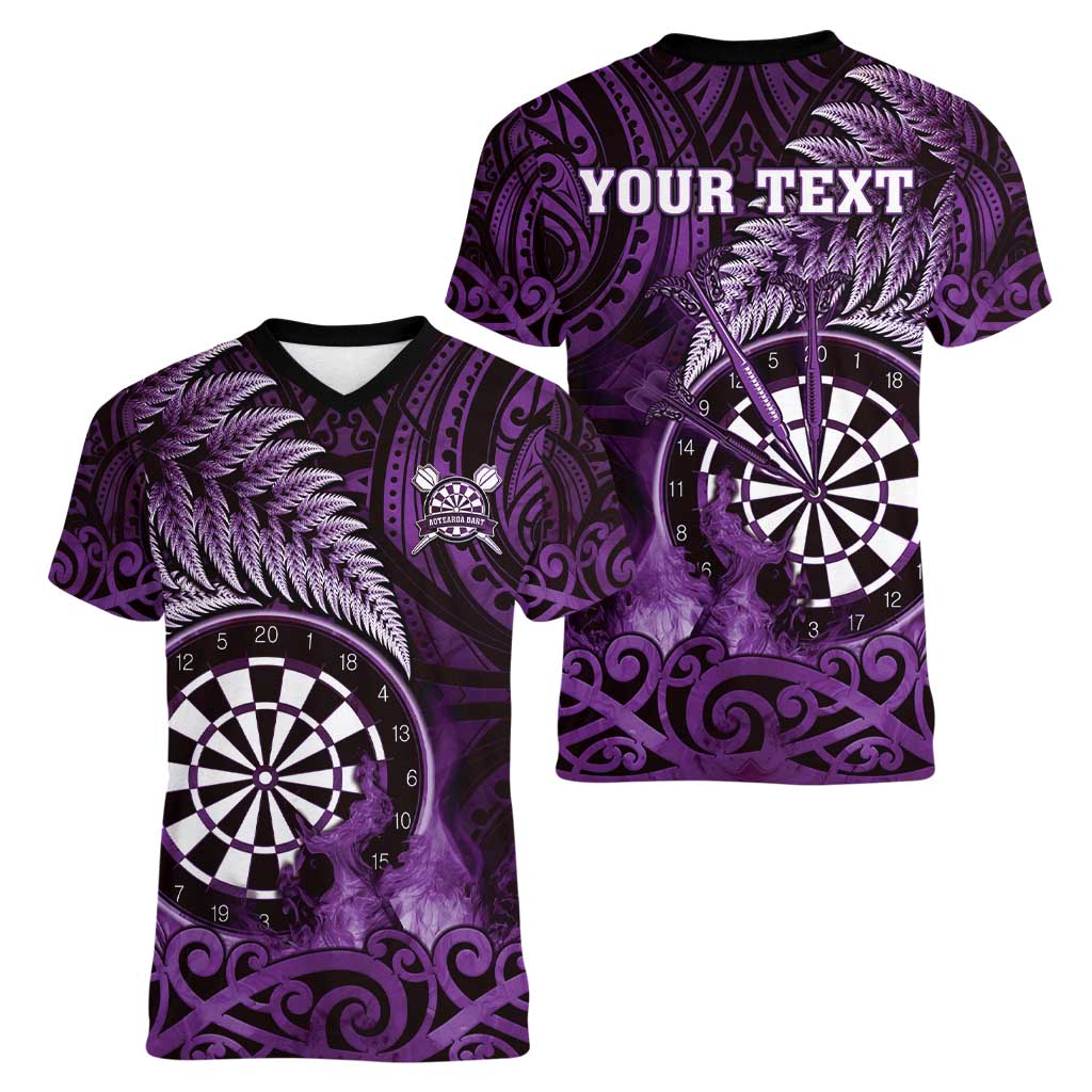 Personalised New Zealand Darts Women V-Neck T-Shirt Maori Koru Dartboard Purple Flame
