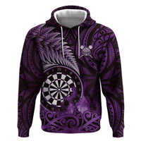 Personalised New Zealand Darts Zip Hoodie Maori Koru Dartboard Purple Flame