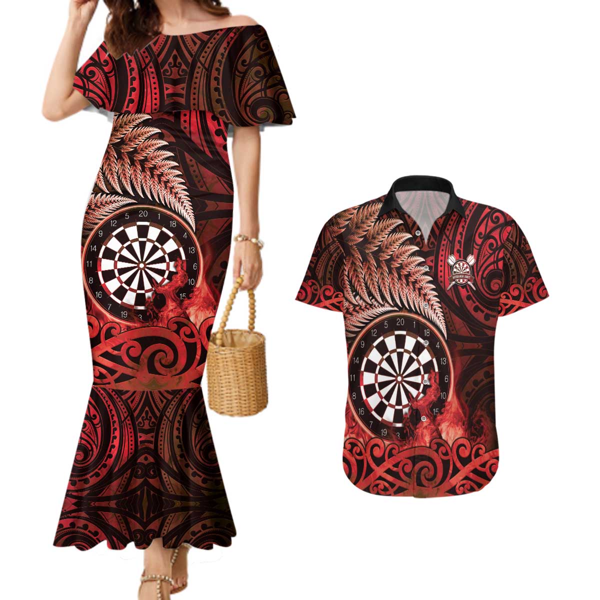 Personalised New Zealand Darts Couples Matching Mermaid Dress and Hawaiian Shirt Maori Koru Dartboard Red Flame