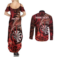Personalised New Zealand Darts Couples Matching Summer Maxi Dress and Long Sleeve Button Shirt Maori Koru Dartboard Red Flame