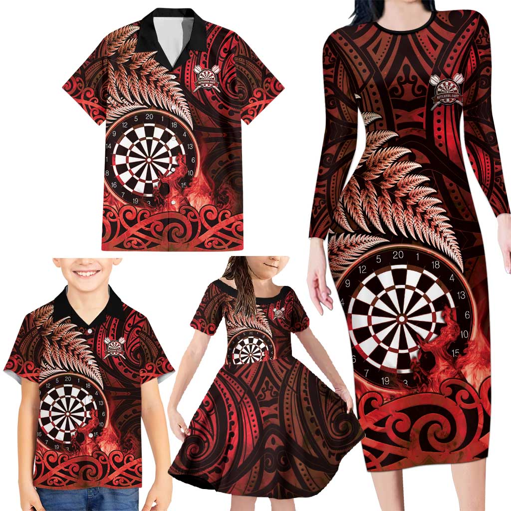 Personalised New Zealand Darts Family Matching Long Sleeve Bodycon Dress and Hawaiian Shirt Maori Koru Dartboard Red Flame
