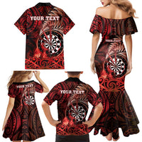 Personalised New Zealand Darts Family Matching Mermaid Dress and Hawaiian Shirt Maori Koru Dartboard Red Flame