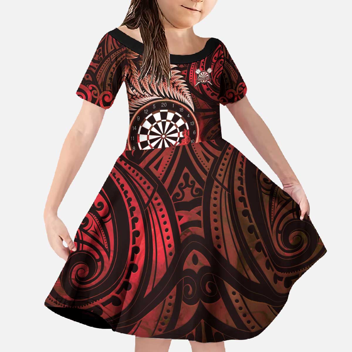 Personalised New Zealand Darts Family Matching Off The Shoulder Long Sleeve Dress and Hawaiian Shirt Maori Koru Dartboard Red Flame