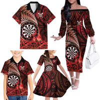 Personalised New Zealand Darts Family Matching Off The Shoulder Long Sleeve Dress and Hawaiian Shirt Maori Koru Dartboard Red Flame