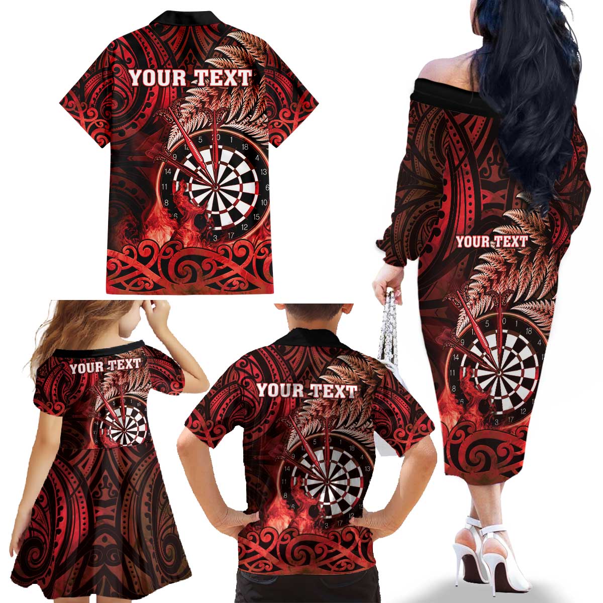Personalised New Zealand Darts Family Matching Off The Shoulder Long Sleeve Dress and Hawaiian Shirt Maori Koru Dartboard Red Flame