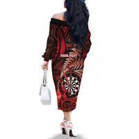 Personalised New Zealand Darts Family Matching Off The Shoulder Long Sleeve Dress and Hawaiian Shirt Maori Koru Dartboard Red Flame