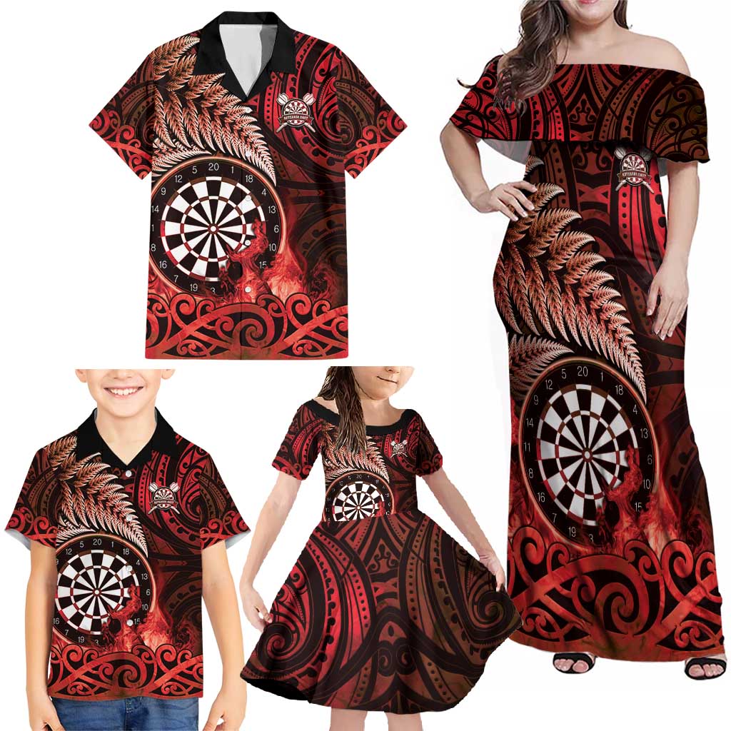 Personalised New Zealand Darts Family Matching Off Shoulder Maxi Dress and Hawaiian Shirt Maori Koru Dartboard Red Flame