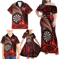 Personalised New Zealand Darts Family Matching Off Shoulder Maxi Dress and Hawaiian Shirt Maori Koru Dartboard Red Flame