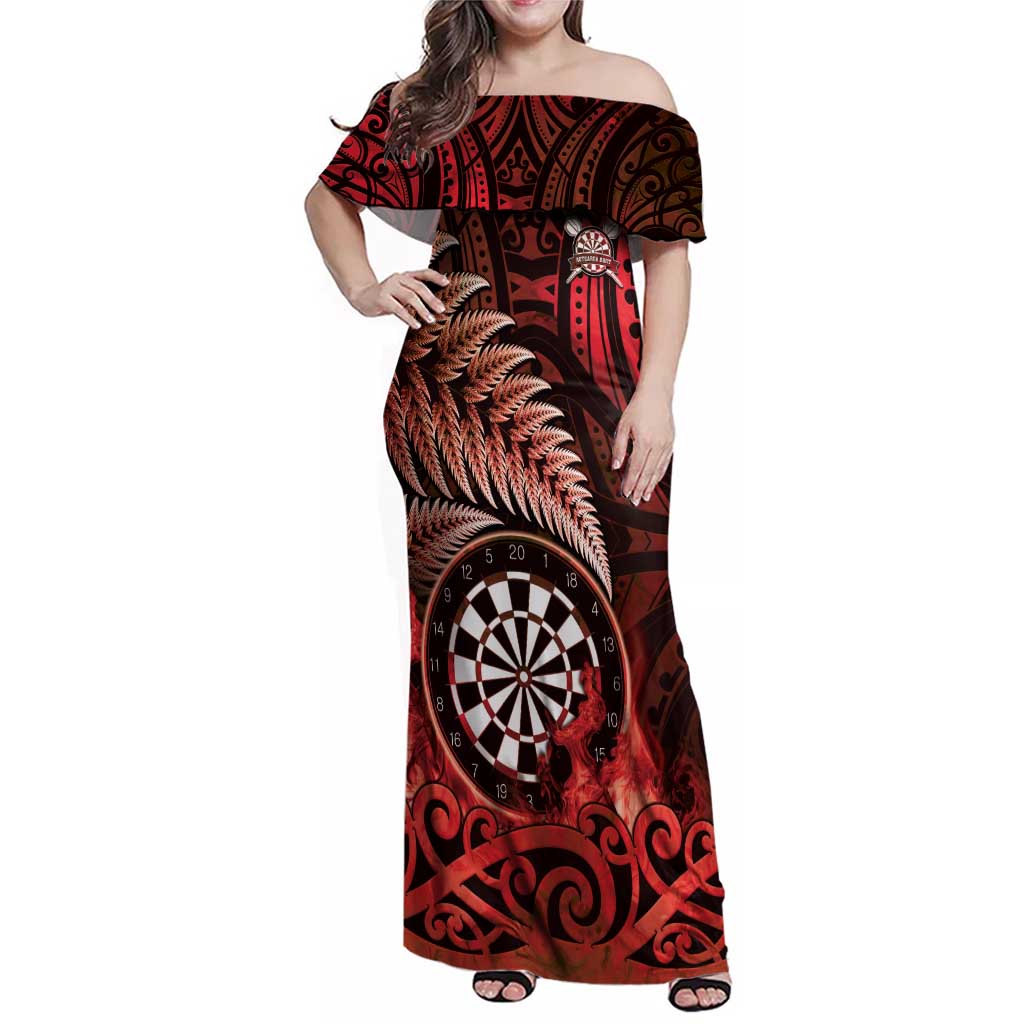 Personalised New Zealand Darts Family Matching Off Shoulder Maxi Dress and Hawaiian Shirt Maori Koru Dartboard Red Flame