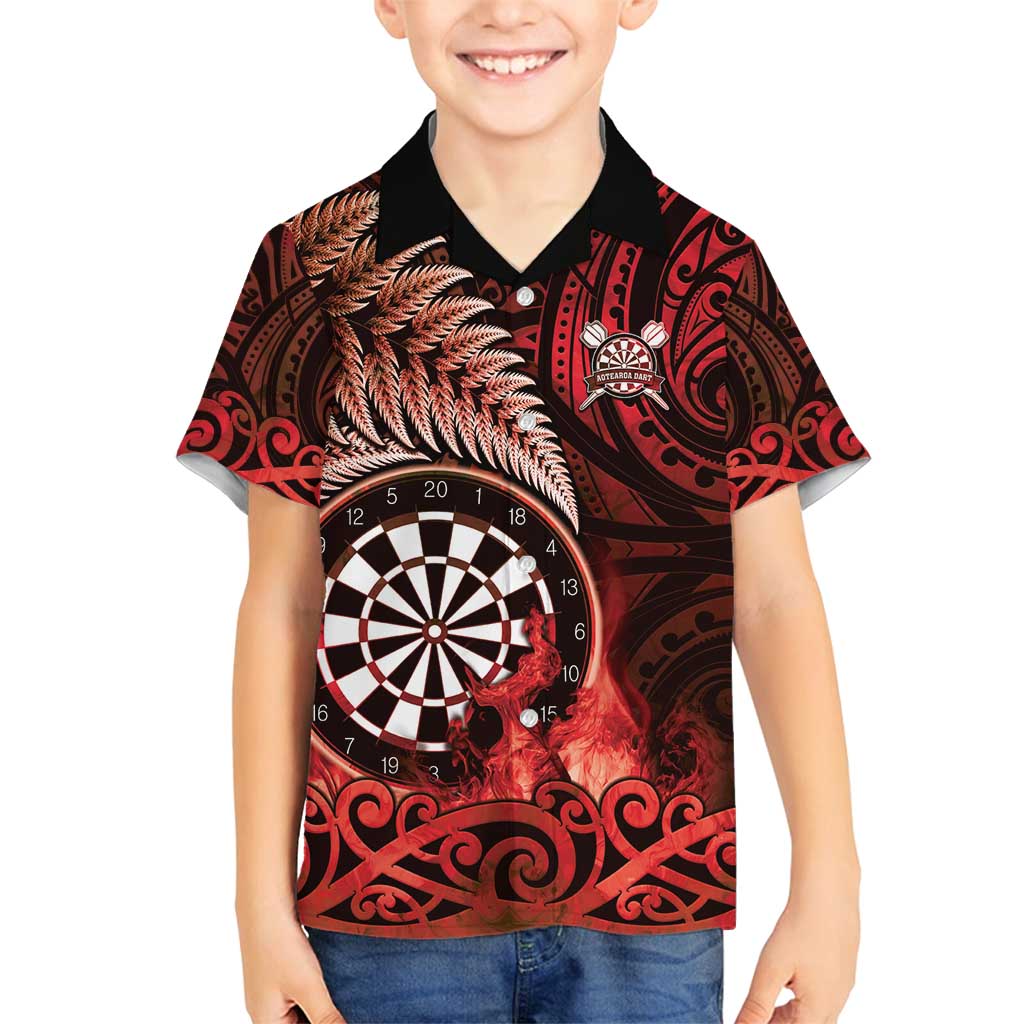Personalised New Zealand Darts Family Matching Off Shoulder Maxi Dress and Hawaiian Shirt Maori Koru Dartboard Red Flame