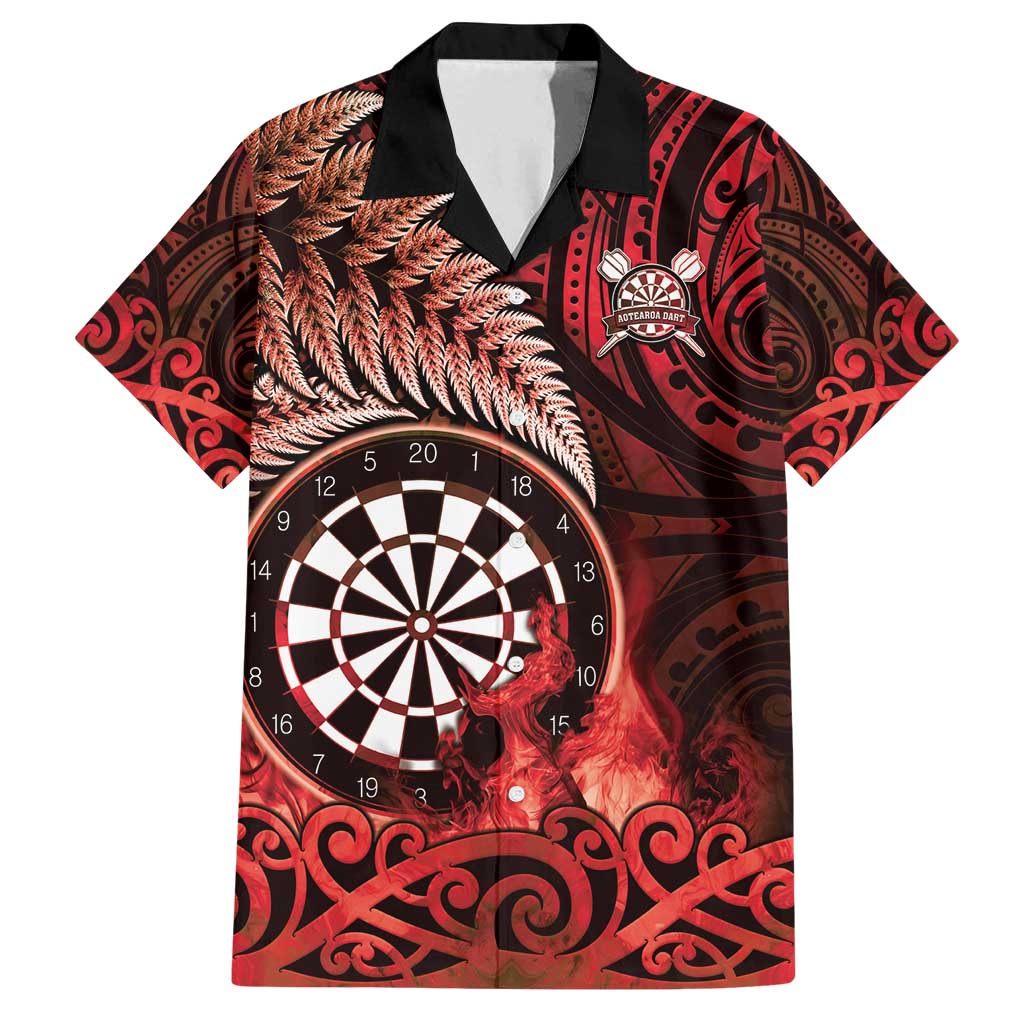 Personalised New Zealand Darts Family Matching Off Shoulder Short Dress and Hawaiian Shirt Maori Koru Dartboard Red Flame