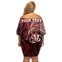 Personalised New Zealand Darts Family Matching Off Shoulder Short Dress and Hawaiian Shirt Maori Koru Dartboard Red Flame