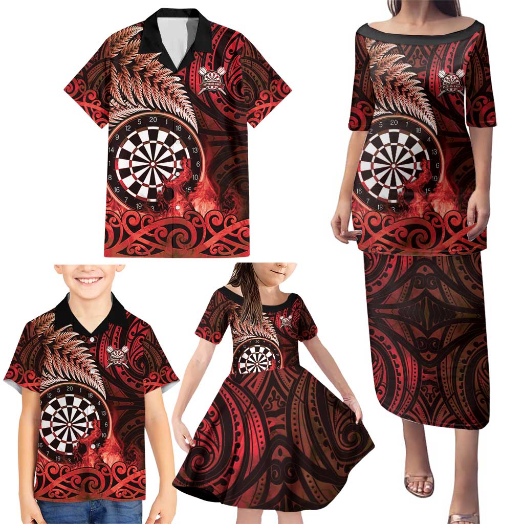 Personalised New Zealand Darts Family Matching Puletasi and Hawaiian Shirt Maori Koru Dartboard Red Flame