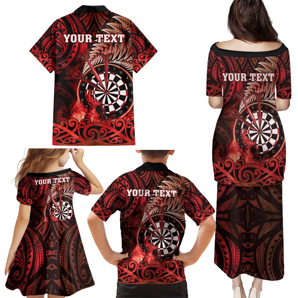 Personalised New Zealand Darts Family Matching Puletasi and Hawaiian Shirt Maori Koru Dartboard Red Flame