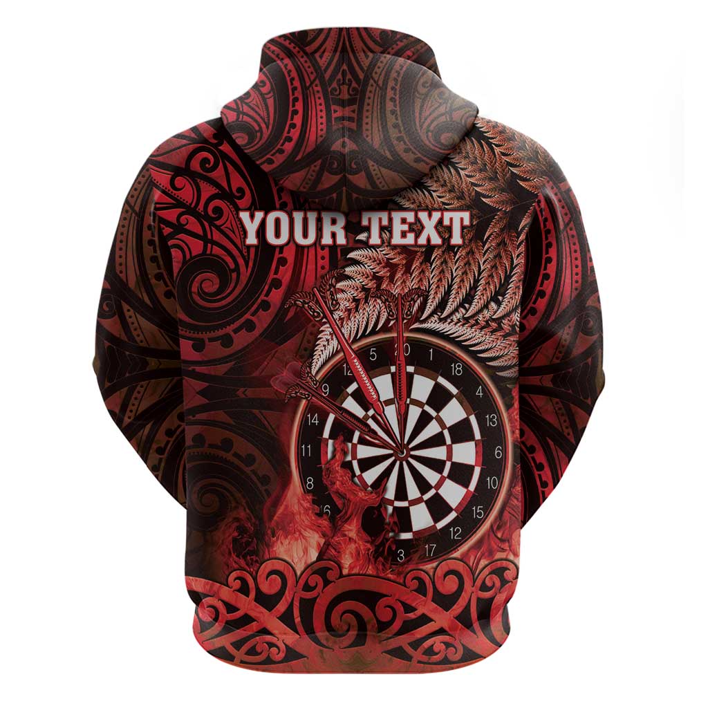 Personalised New Zealand Darts Hoodie Maori Koru Dartboard Red Flame