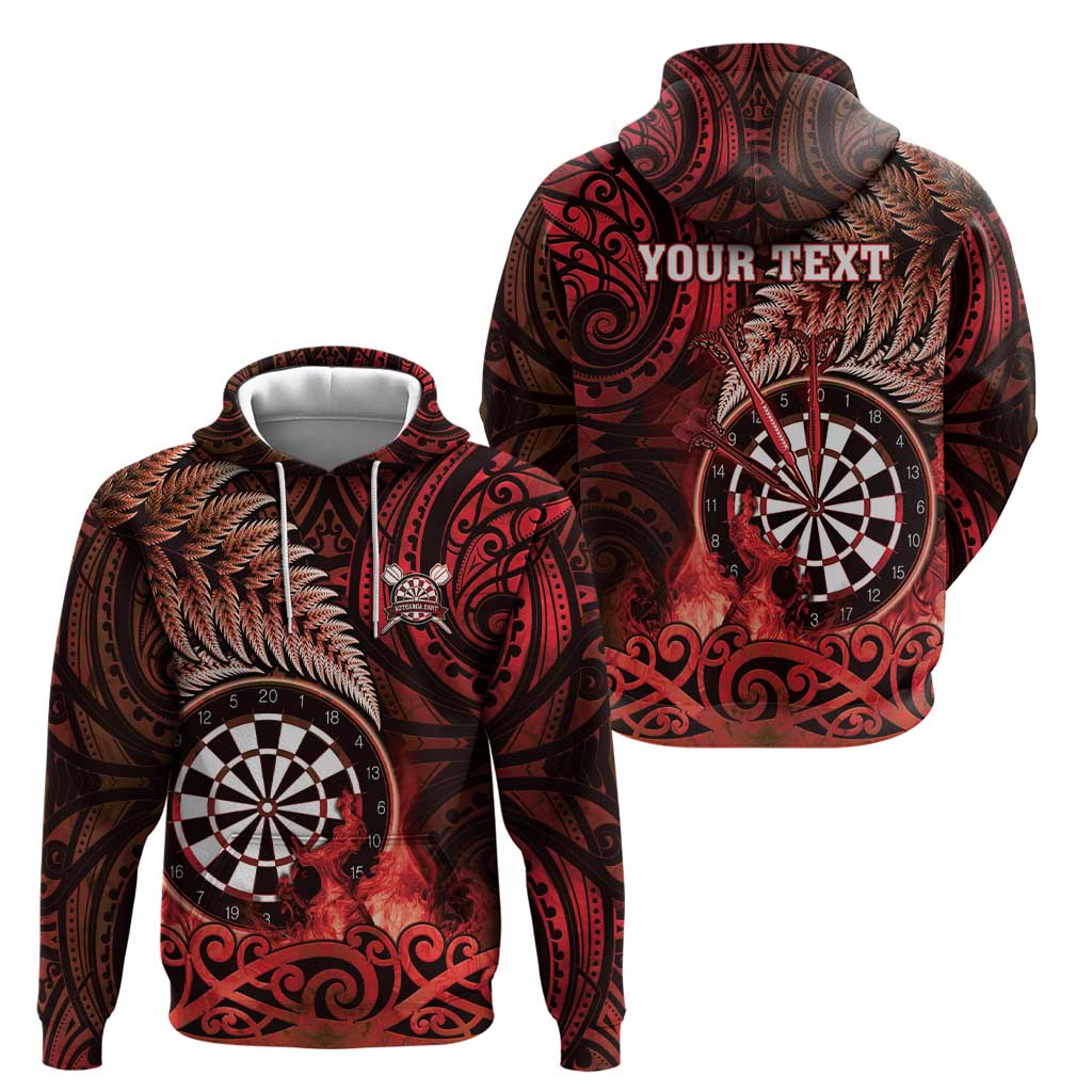 Personalised New Zealand Darts Hoodie Maori Koru Dartboard Red Flame