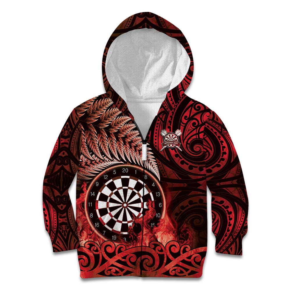 Personalised New Zealand Darts Kid Hoodie Maori Koru Dartboard Red Flame